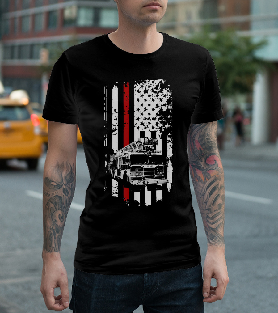 Fireman Firetruck American Flag Rescue with Distressed T-Shirt