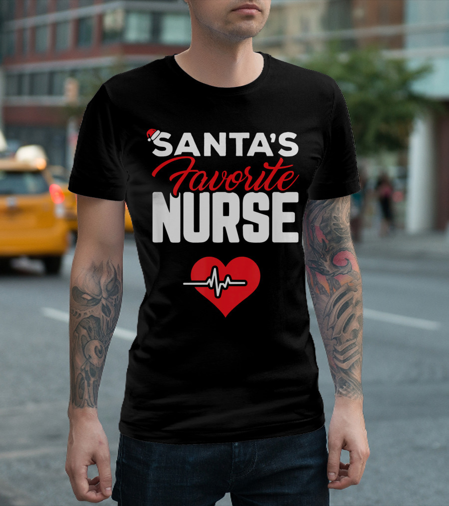 Santa's Favorite Nurse Christmas Heartbeat T-Shirt
