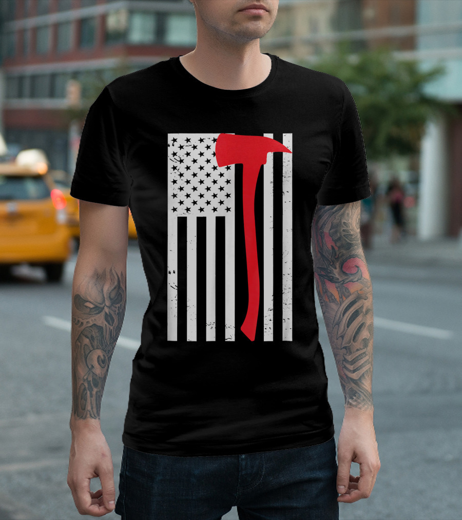 Flag of the United States Firefighter Red Axe Icon T-Shirt