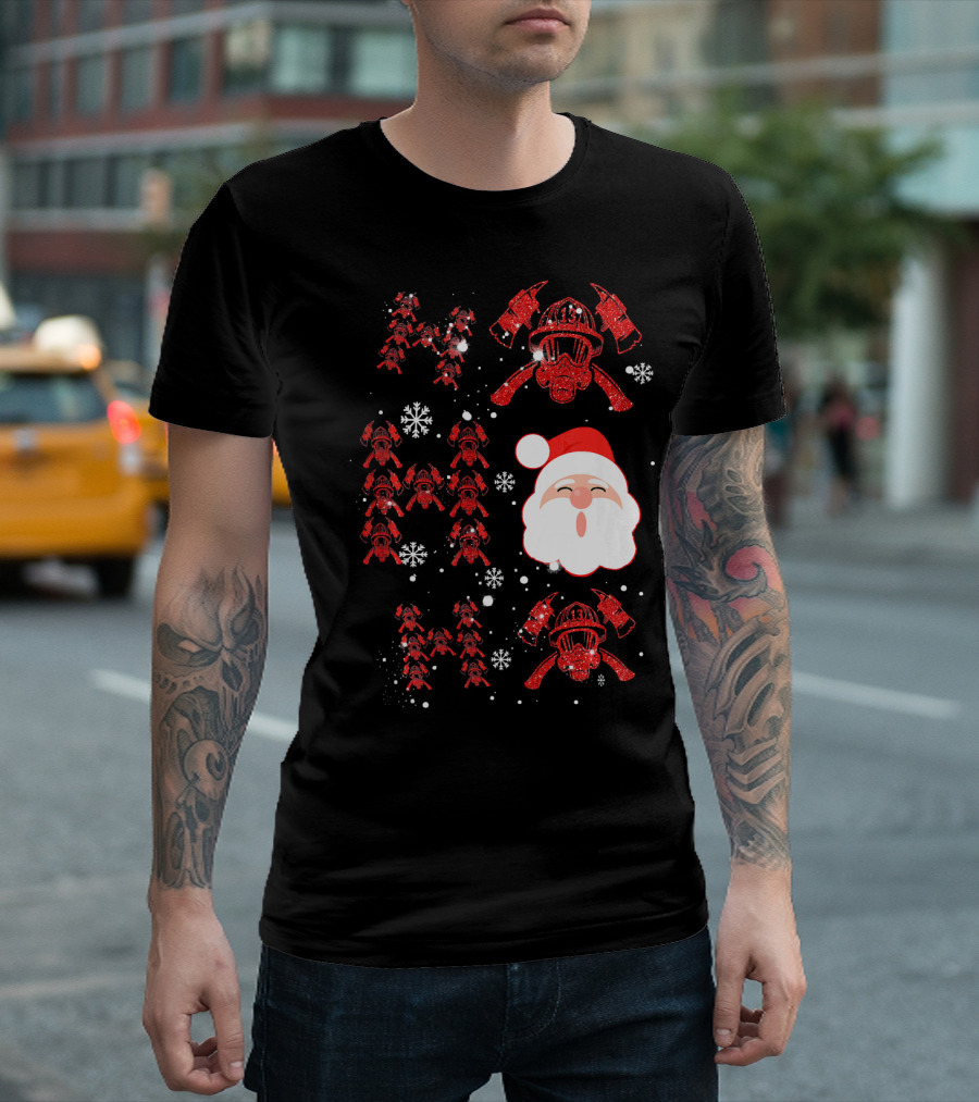 Funny Santa Firefighter Merry Christmas Snowflakes Helmet Axe T-Shirt