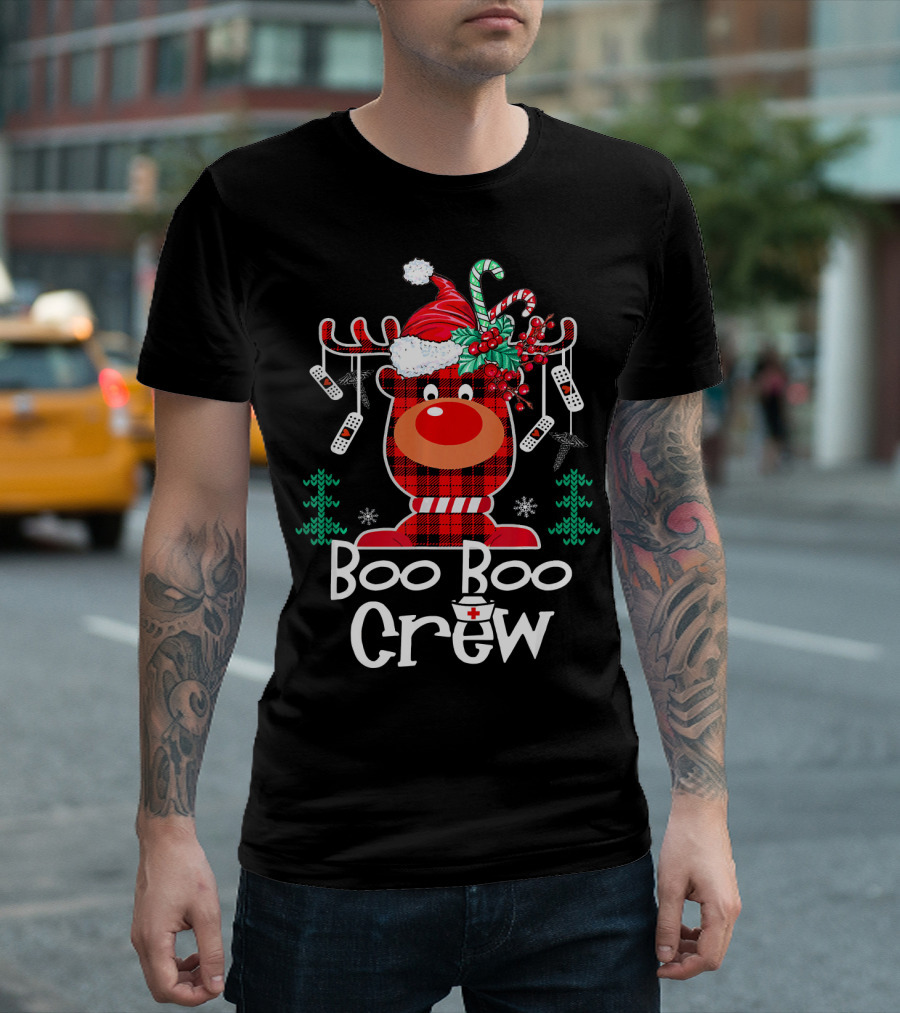 Funny Boo Boo Crew Reindeer with Red Plaid and Christmas Theme Elements T-Shirt