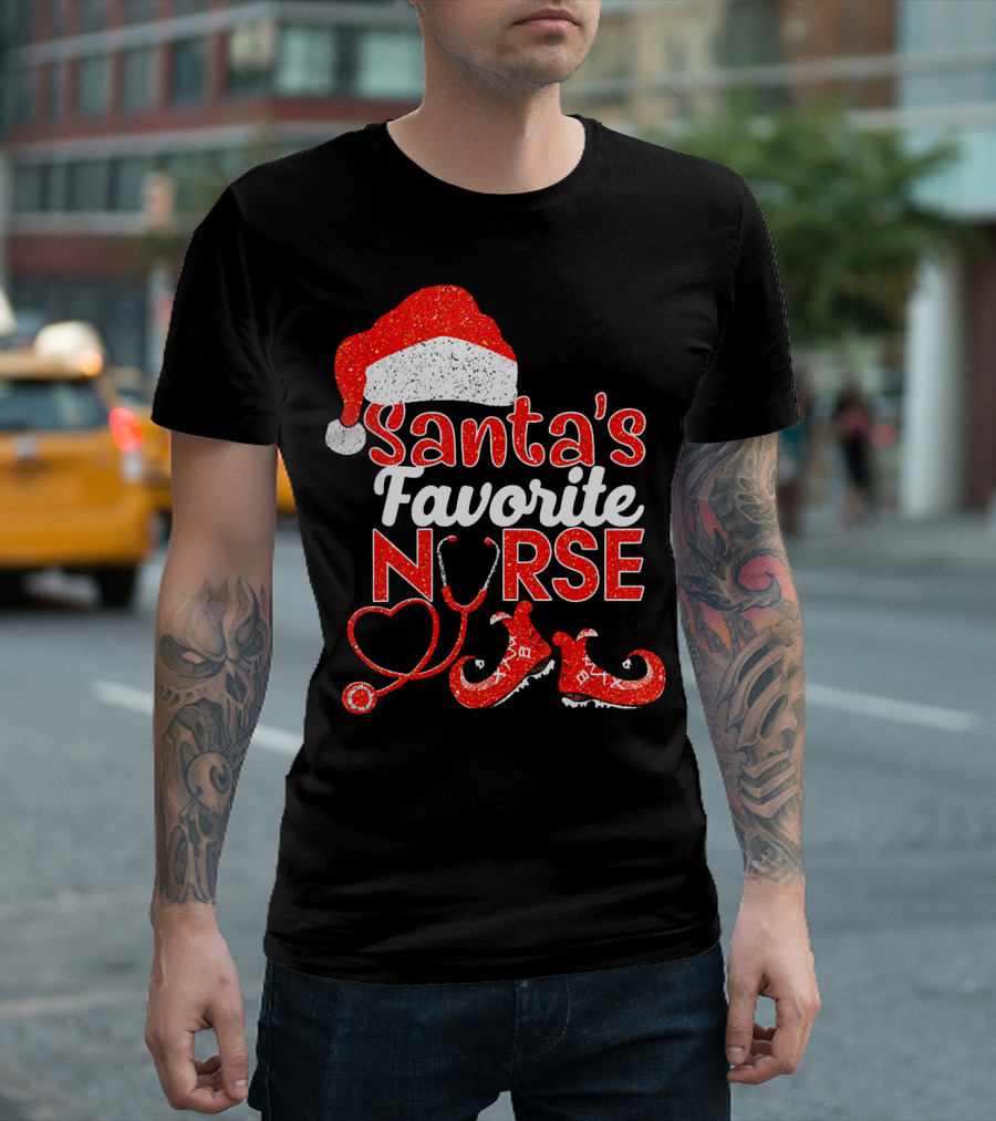 Santa's Favorite Nurse Glitter Christmas Hat Stethoscope And Elf Shoes T-Shirt