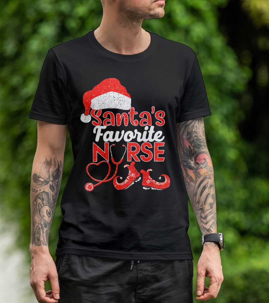Santa's Favorite Nurse Glitter Christmas Hat Stethoscope And Elf Shoes T-Shirt