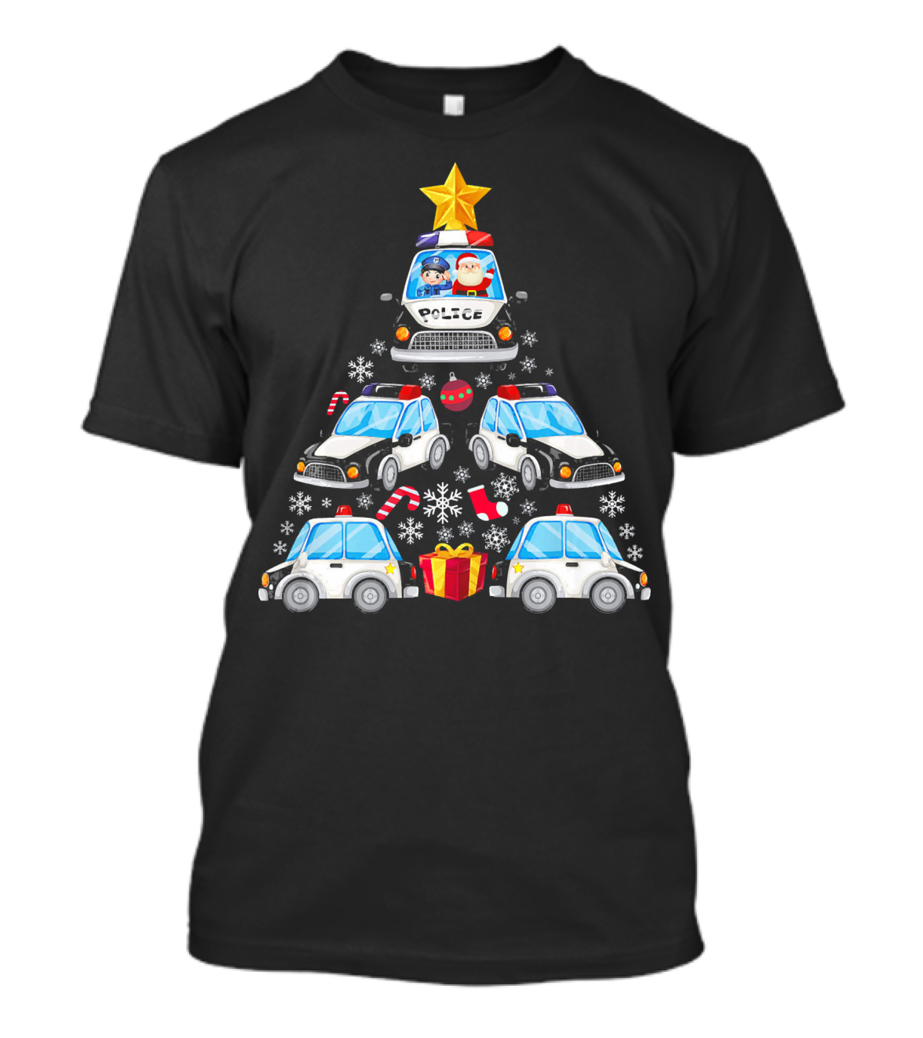 Police Car Christmas Tree With Santa And Officer T-Shirt