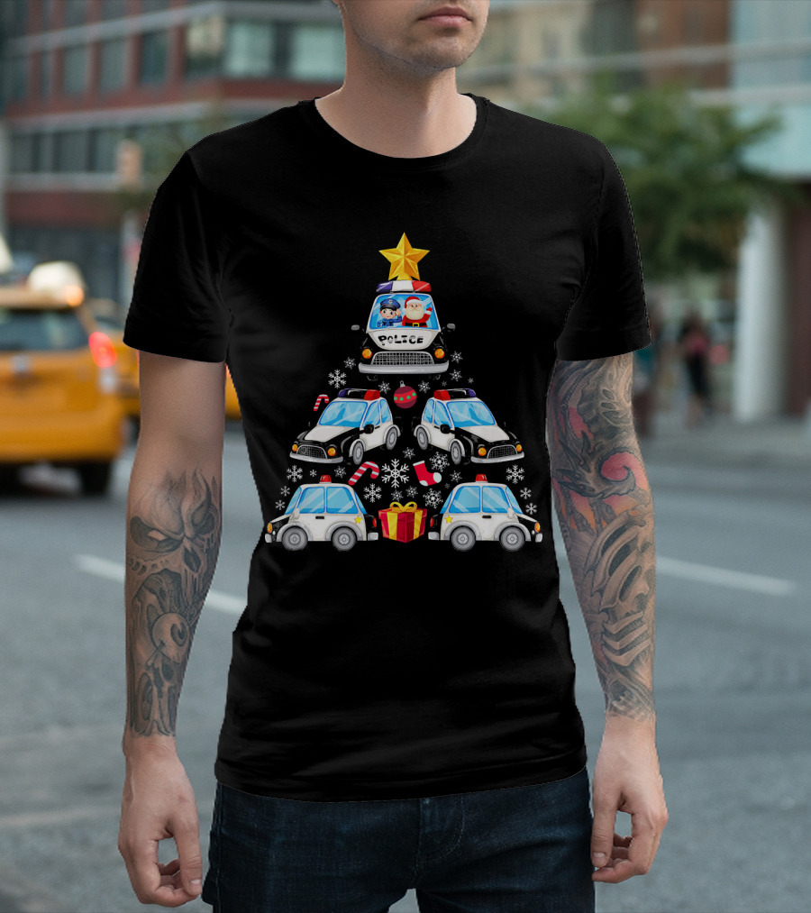 Police Car Christmas Tree With Santa And Officer T-Shirt