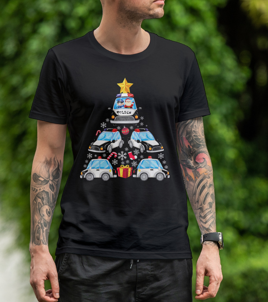 Police Car Christmas Tree With Santa And Officer T-Shirt
