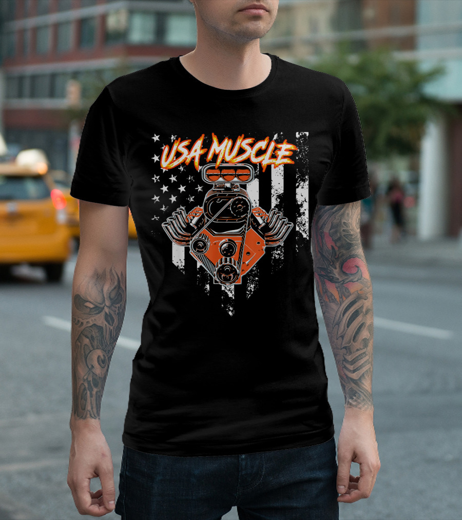 USA Muscle Engine With American Flag Background T-Shirt