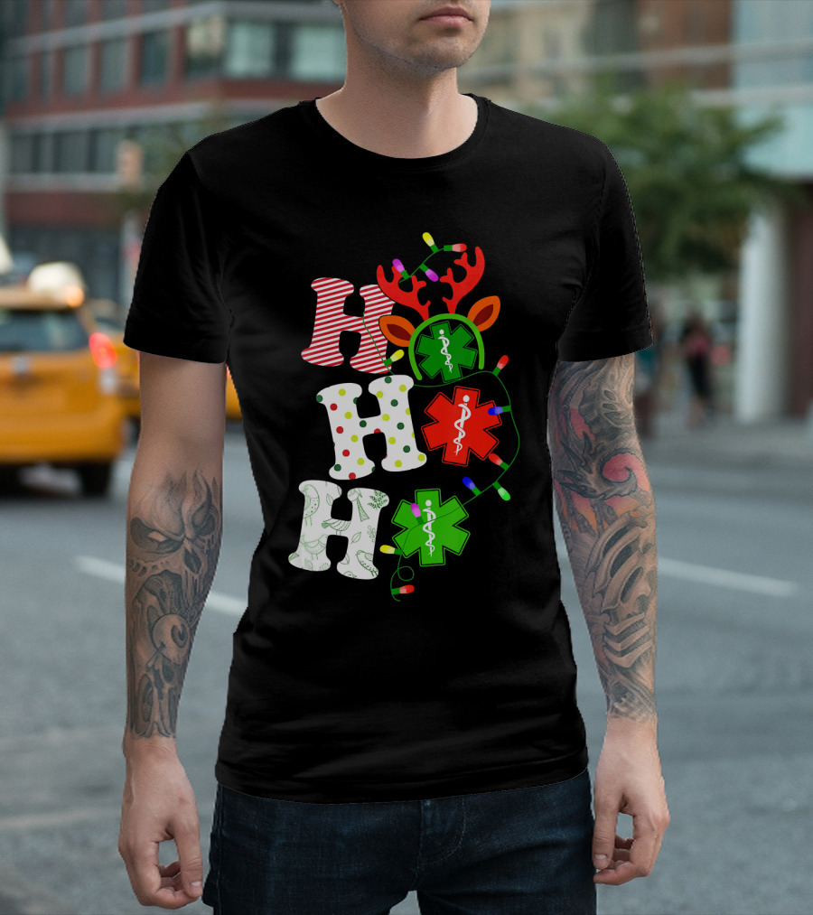 Ho Ho Ho Christmas Funny Nurse Holiday Lights Reindeer Medical T-Shirt