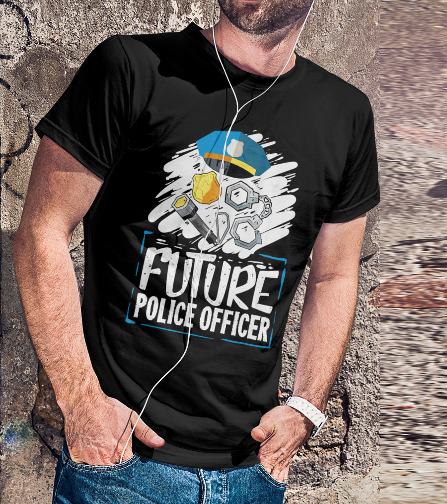 Future Police Officer Costume Concept With Badge, Cap, Handcuffs, And Baton T-Shirt