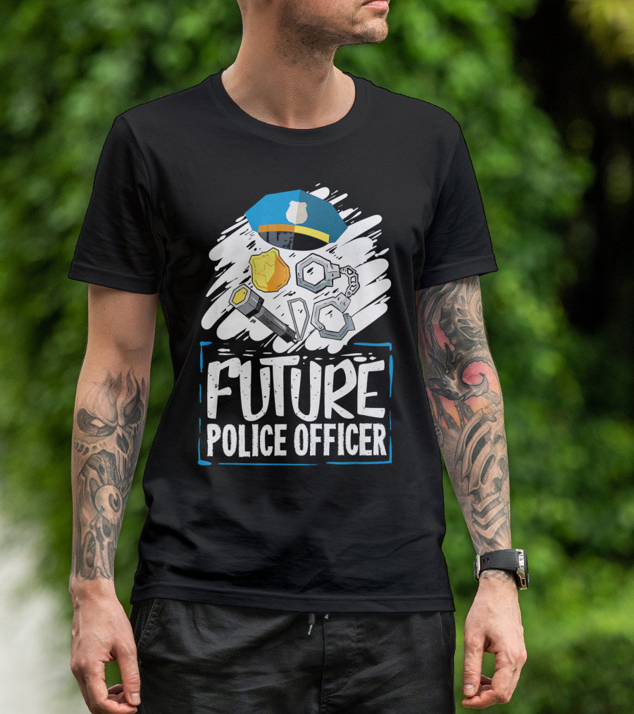 Future Police Officer Costume Concept With Badge, Cap, Handcuffs, And Baton T-Shirt