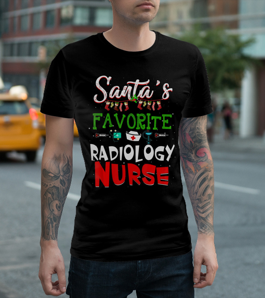 Santa's Favorite Radiology Nurse Christmas Stockings Nurse Cap Radiology Humor T-Shirt