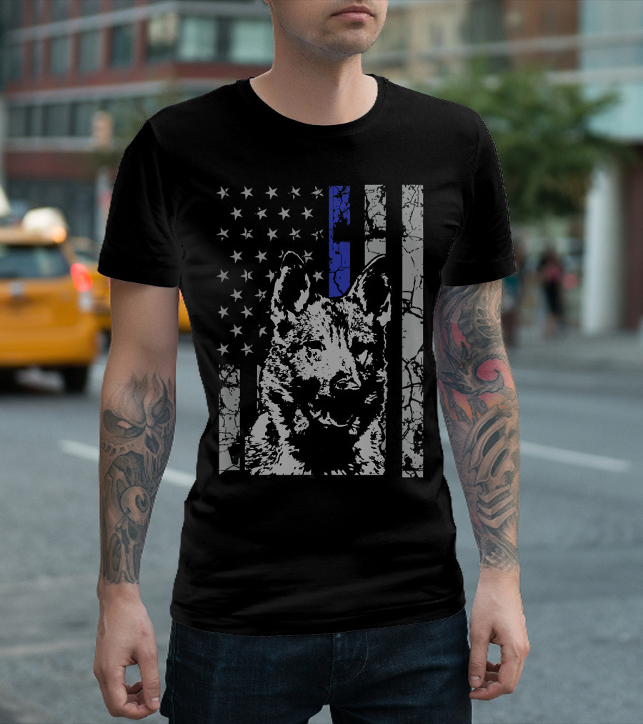 German Shepherd K9 Thin Blue Line American Flag T-Shirt