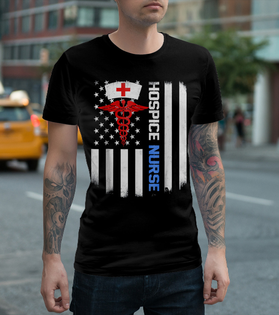 Hospice Nurse American Flag with Medical Symbol and Nurse Cap T-Shirt