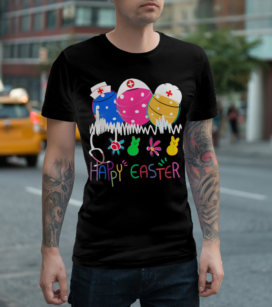 Happy Easter Bunny Nurse Eggs and Stethoscope with Bunnies and Flowers T-Shirt