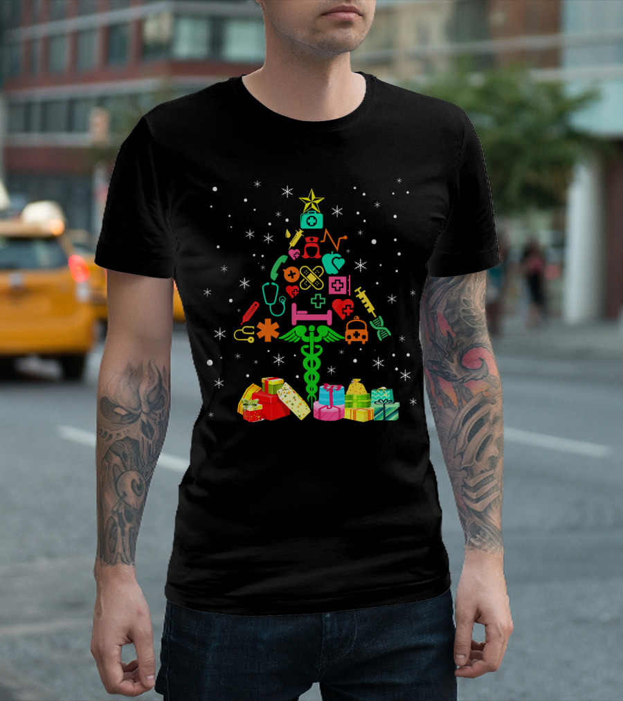 Funny Nurse Christmas Tree With Medical Symbols And Presents T-Shirt