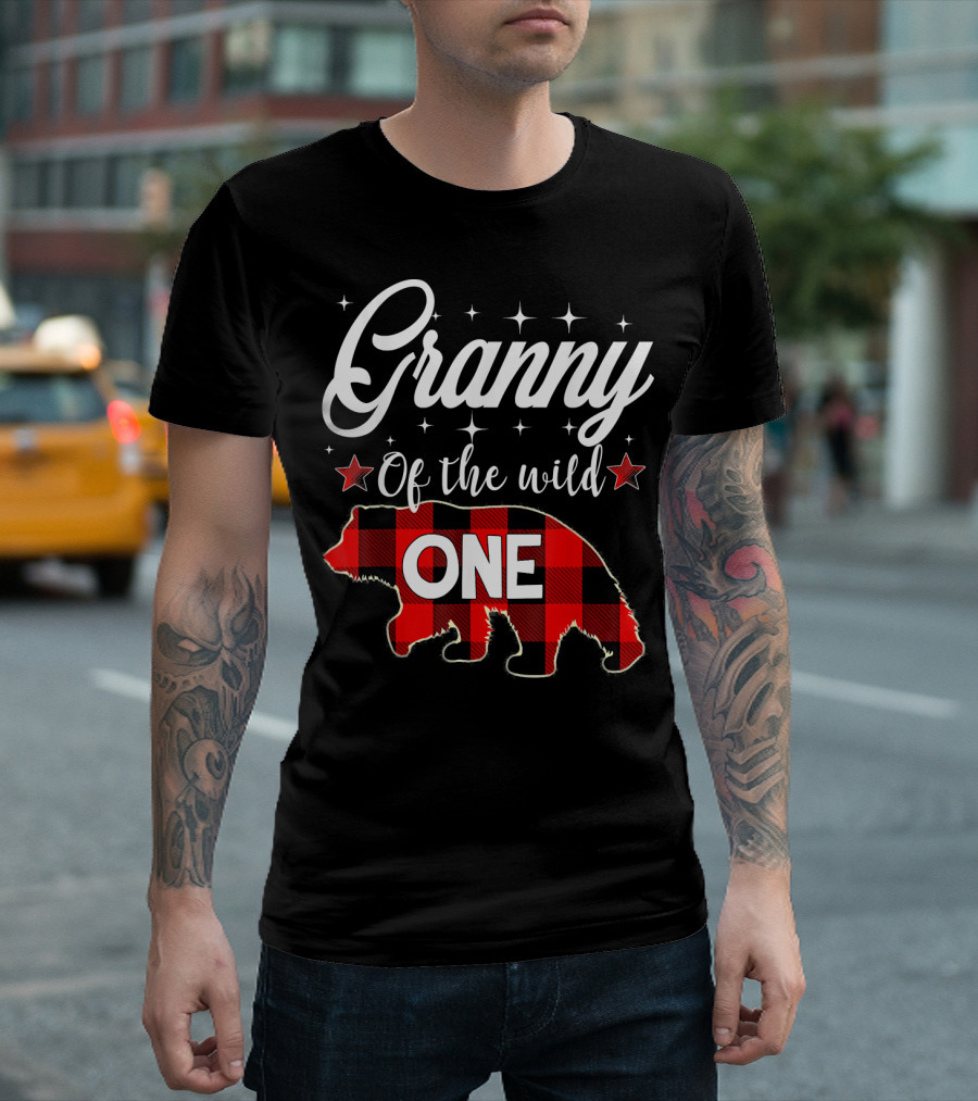 Granny of the Wild One Bear Red Plaid Buffalo Check Stars T-Shirt