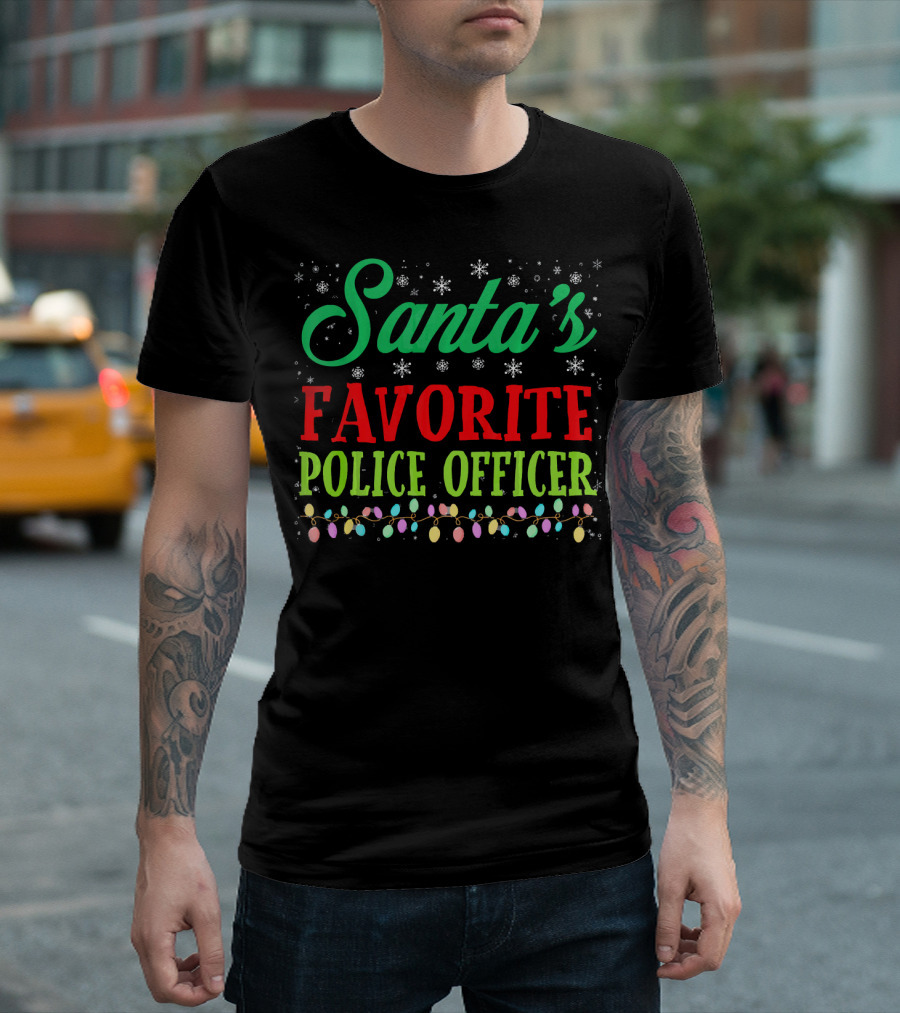 Santa's Favorite Police Officer Christmas Lights Snowflakes T-Shirt