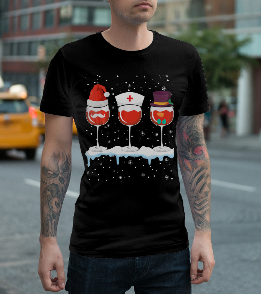 Funny Nurse Christmas Wine Santahat Snowfall T-Shirt