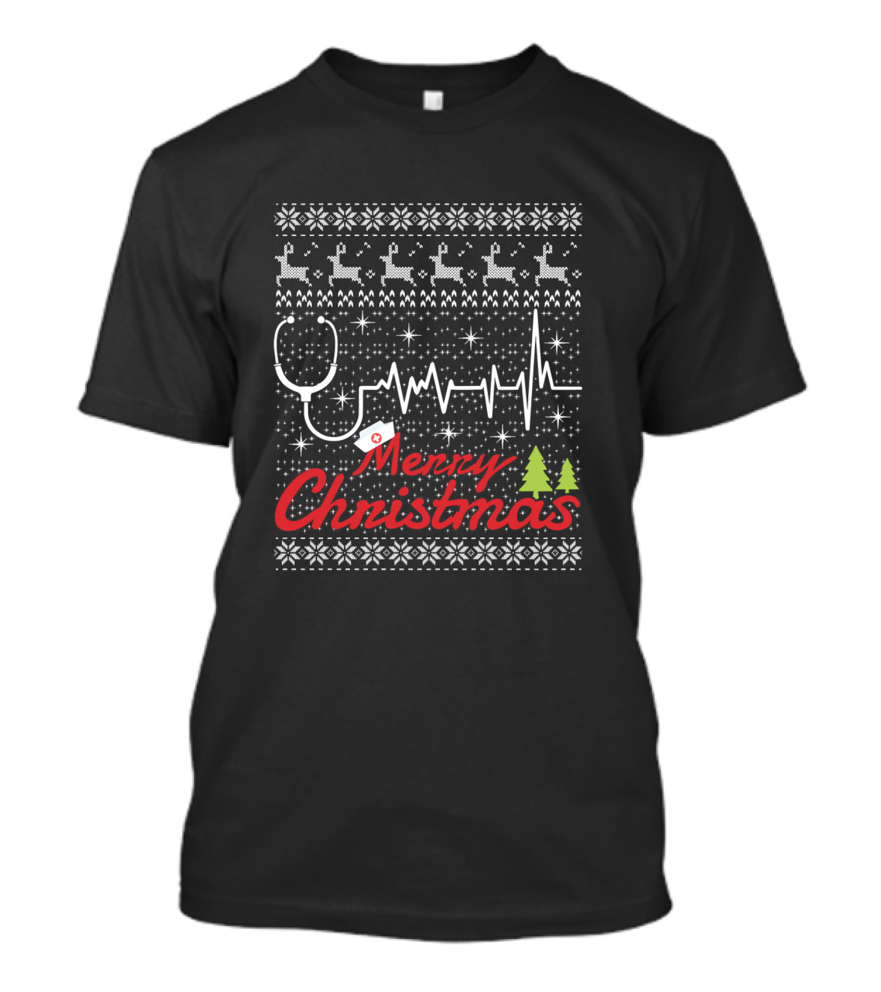 Merry Christmas Nurse Stethoscope Heartbeat Ugly Sweater Reindeer T-Shirt