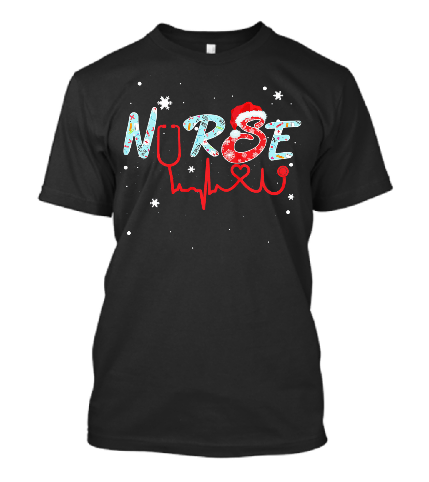 Christmas Funny Nurse Heartbeat Snowflakes And Santa Hat T-Shirt