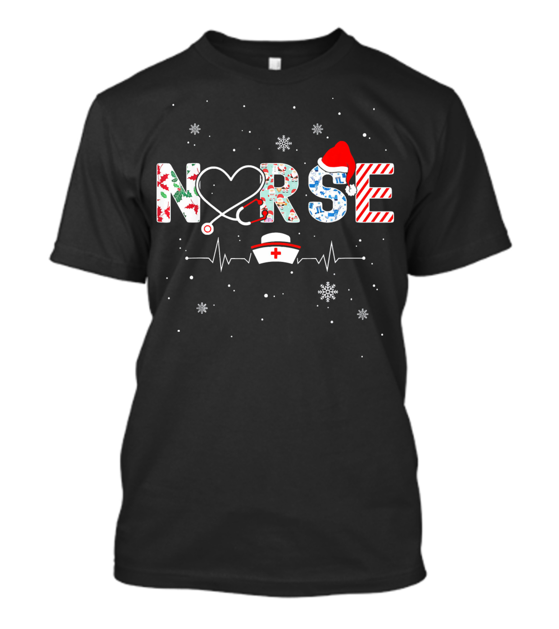 Nurse Christmas Santa Hat Stethoscope Heartbeat Snowflakes T-Shirt
