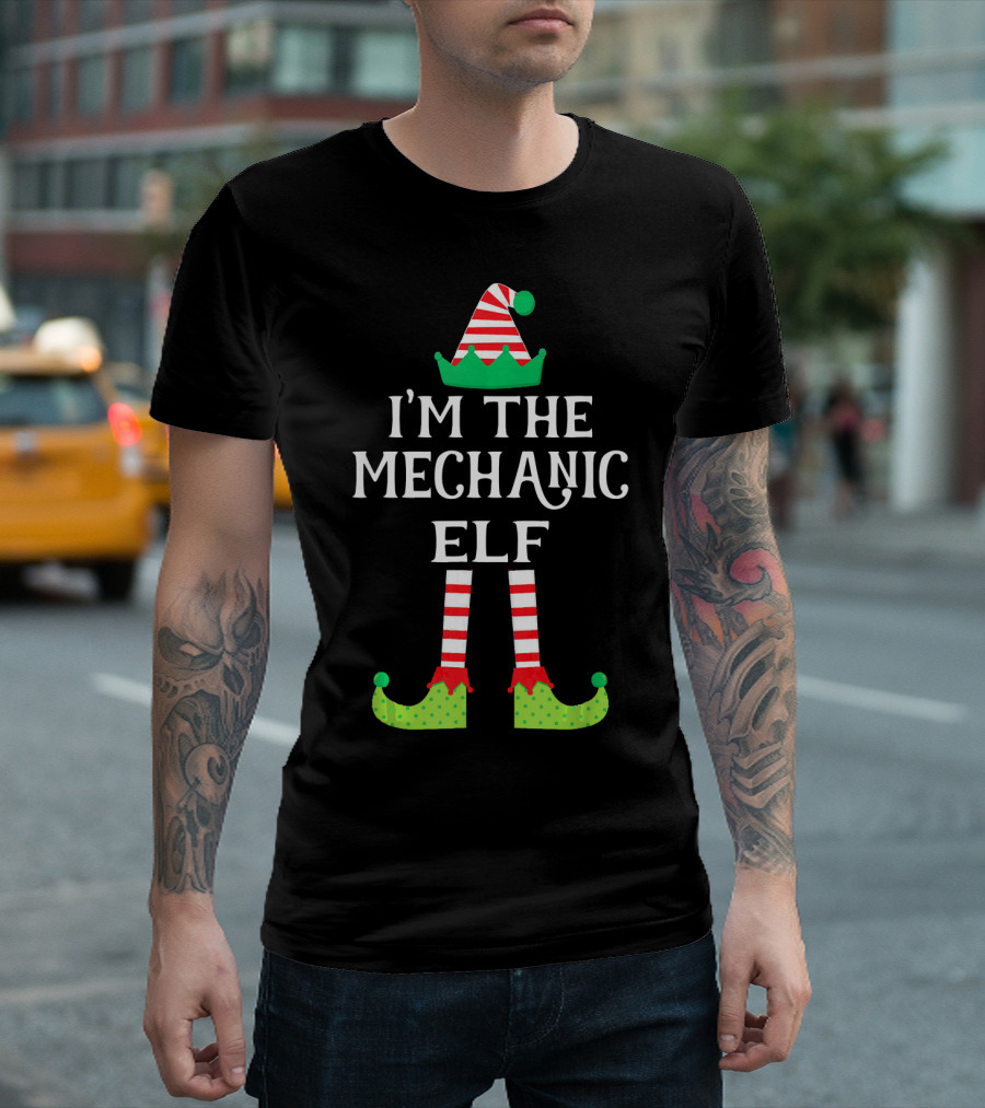I'm The Mechanic Elf Christmas Striped Hat and Shoes T-Shirt