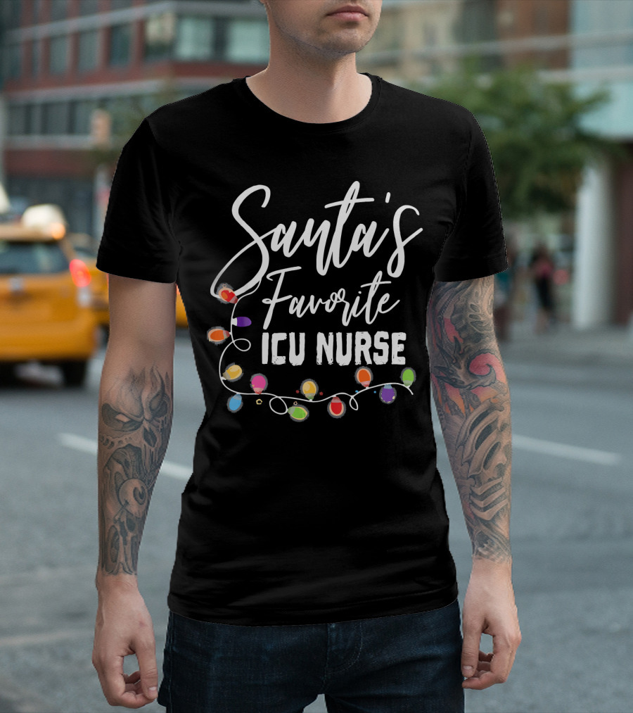 Santa's Favorite ICU Nurse With Colorful Christmas Lights T-Shirt