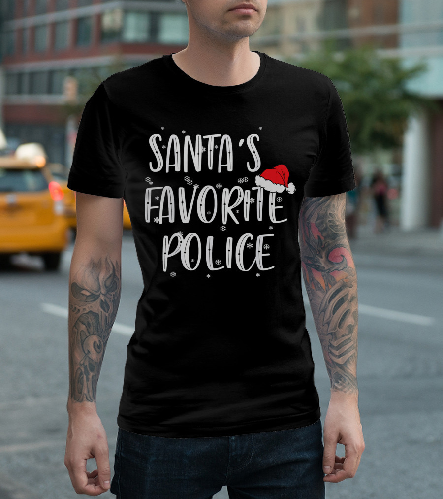 Santa's Favorite Police with Snowflakes and Santa Hat T-Shirt