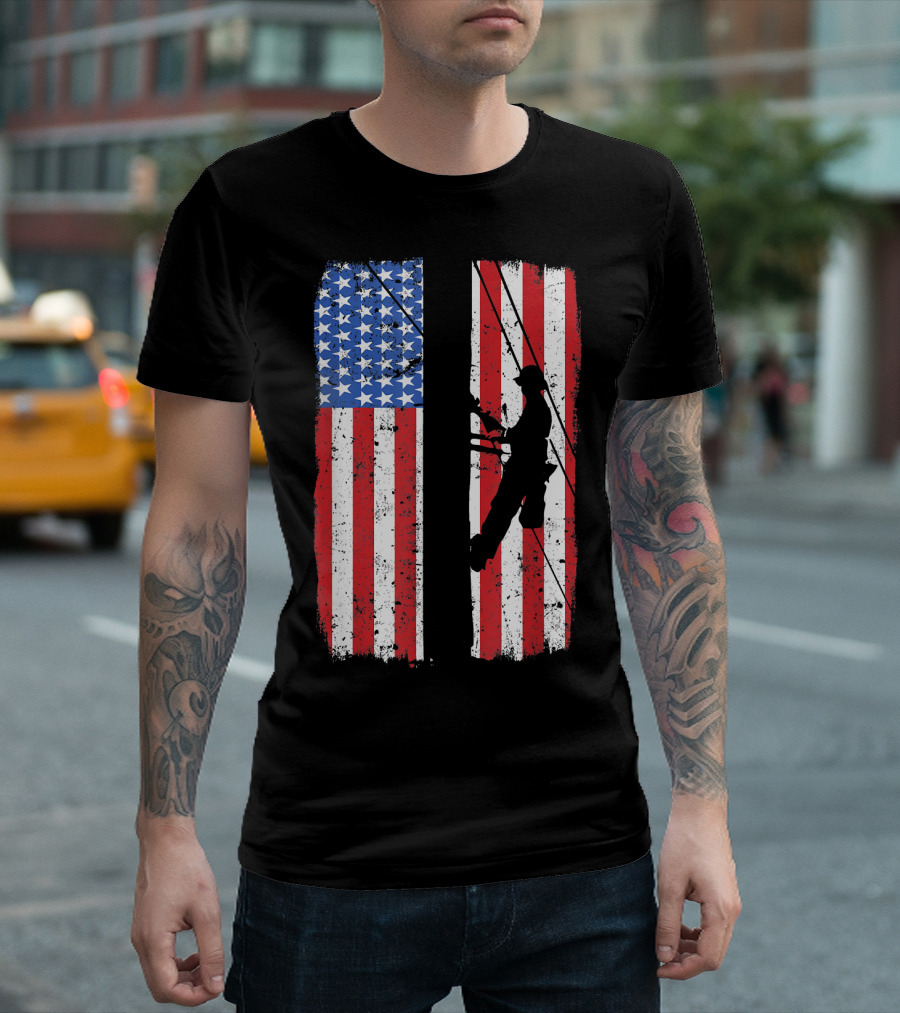 Lineman Silhouette on Distressed American Flag for Linework T-Shirt