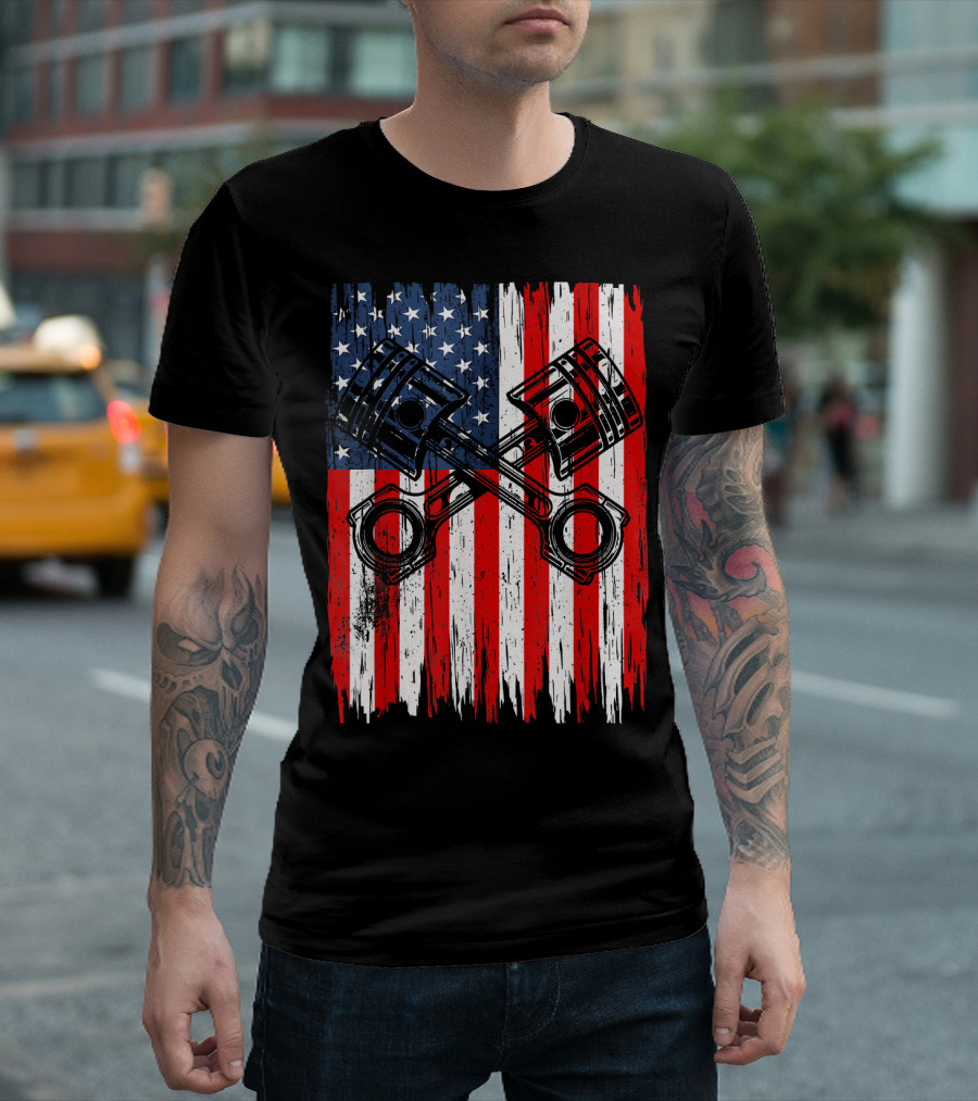 Patriotic American Mechanic 4th of July USA Flag with Pistons T-Shirt