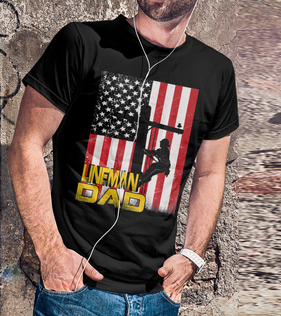 Lineman Dad Electrician American Flag Distressed Worker T-Shirt