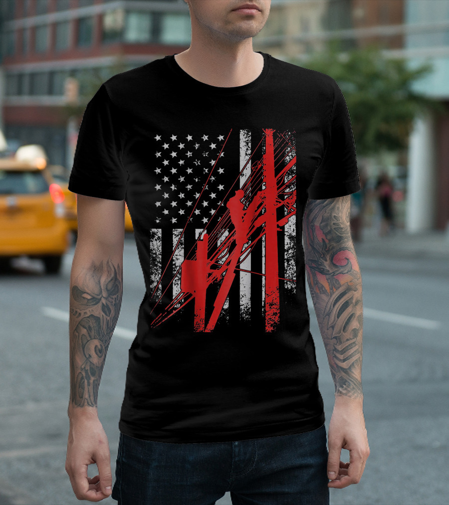 American Flag Lineman Electrician Pole Climber T-Shirt