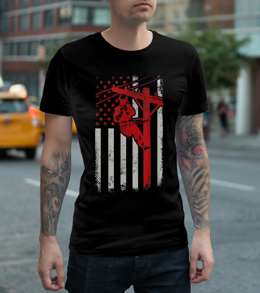 Lineman Climbing Pole American Flag Electric Patriotic T-Shirt