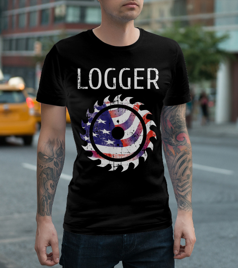 Logger Logging Lumberjack Patriotic American Flag Saw Blade T-Shirt