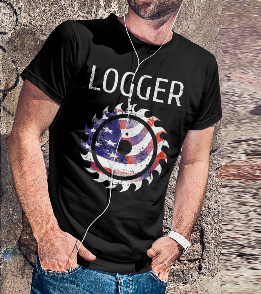 Logger Logging Lumberjack Patriotic American Flag Saw Blade T-Shirt