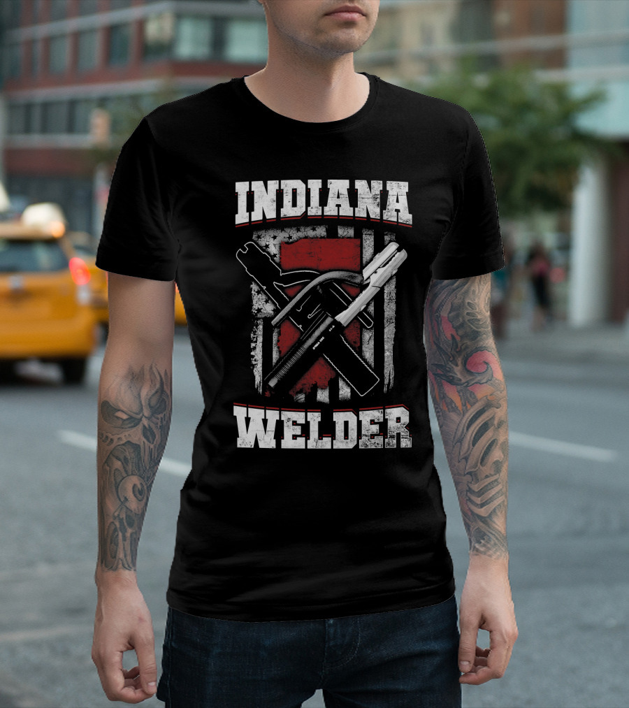 Indiana Welder Crossed Tools On Flag Background T-Shirt