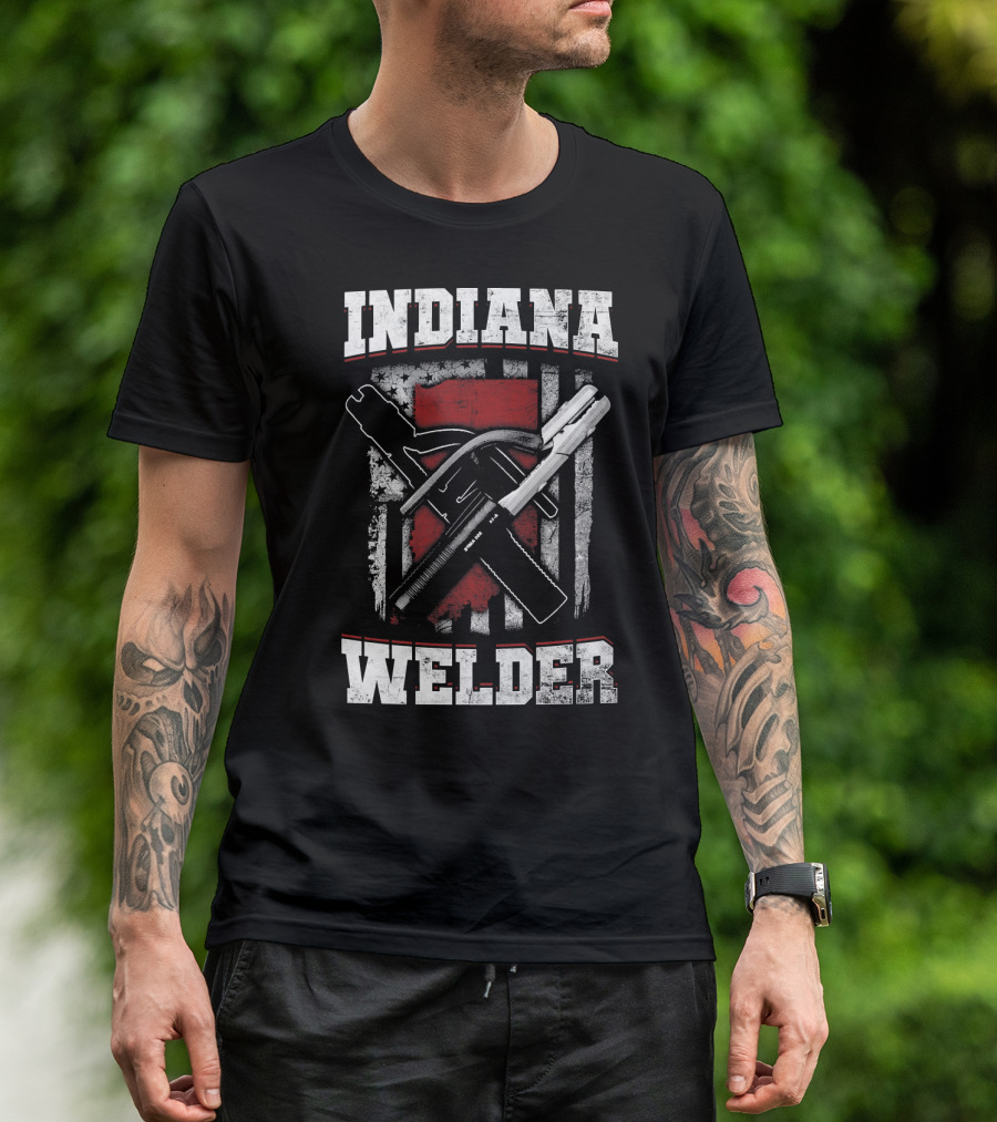 Indiana Welder Crossed Tools On Flag Background T-Shirt