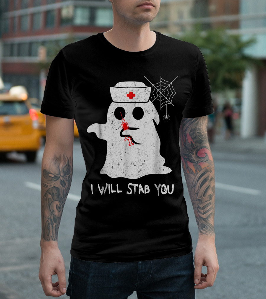 I Will Stab You Ghost Nurse Halloween Co Spiderweb Syringe T-Shirt