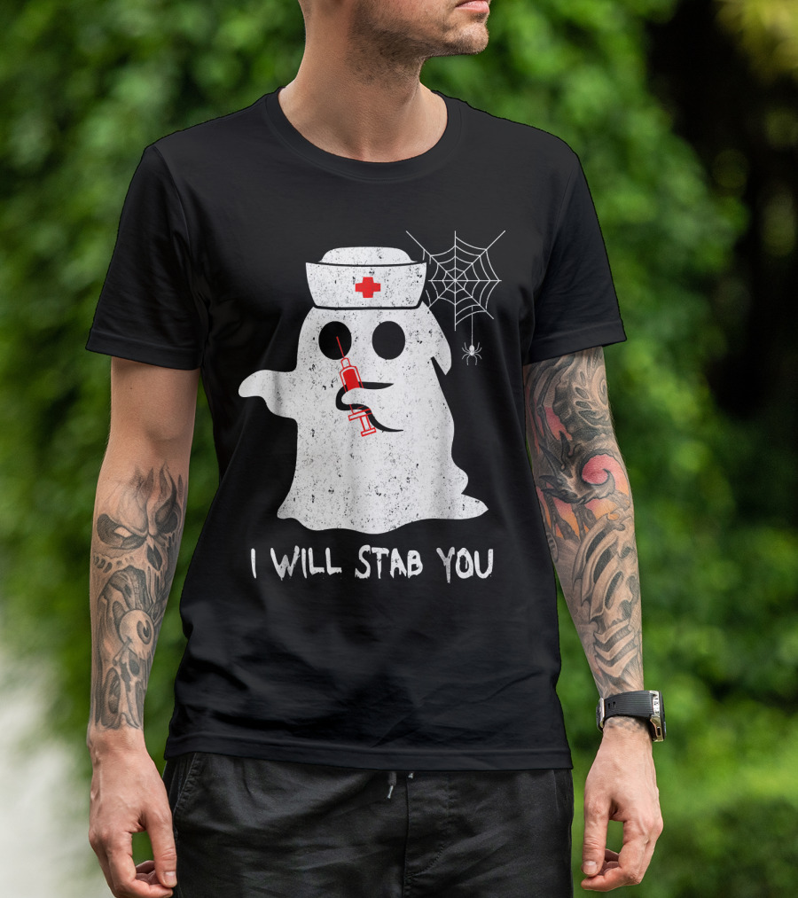 I Will Stab You Ghost Nurse Halloween Co Spiderweb Syringe T-Shirt