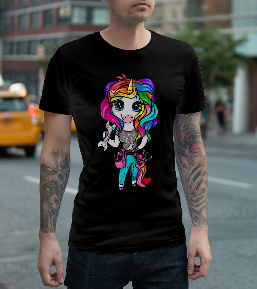 I Love My Job Rainbow Unicorn Holding Wrenches Car Repair Girl T-Shirt