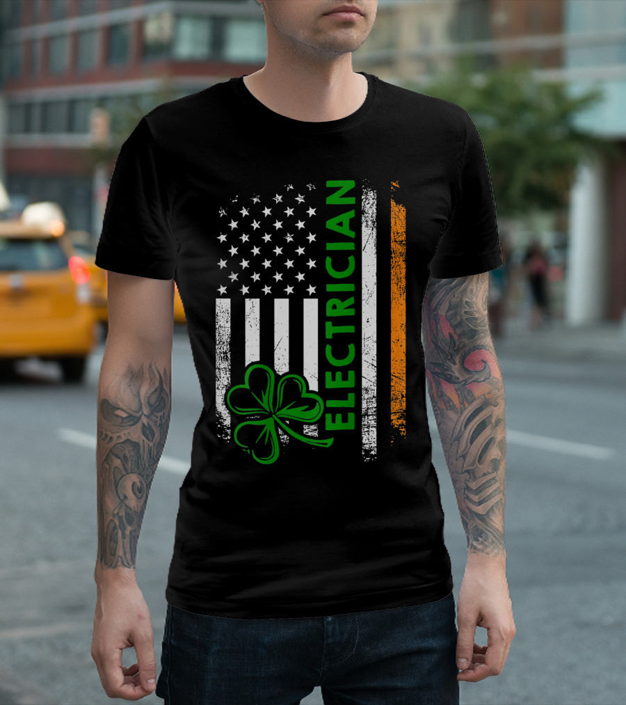 Irish Electrician American Flag Shamrock Electrician T-Shirt