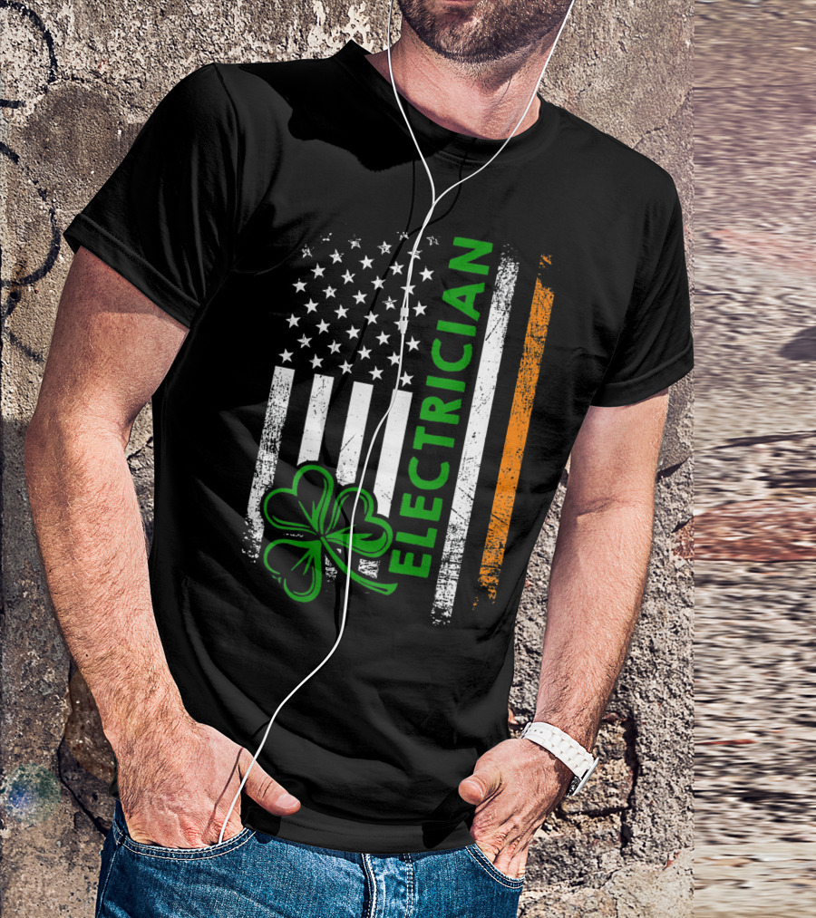 Irish Electrician American Flag Shamrock Electrician T-Shirt