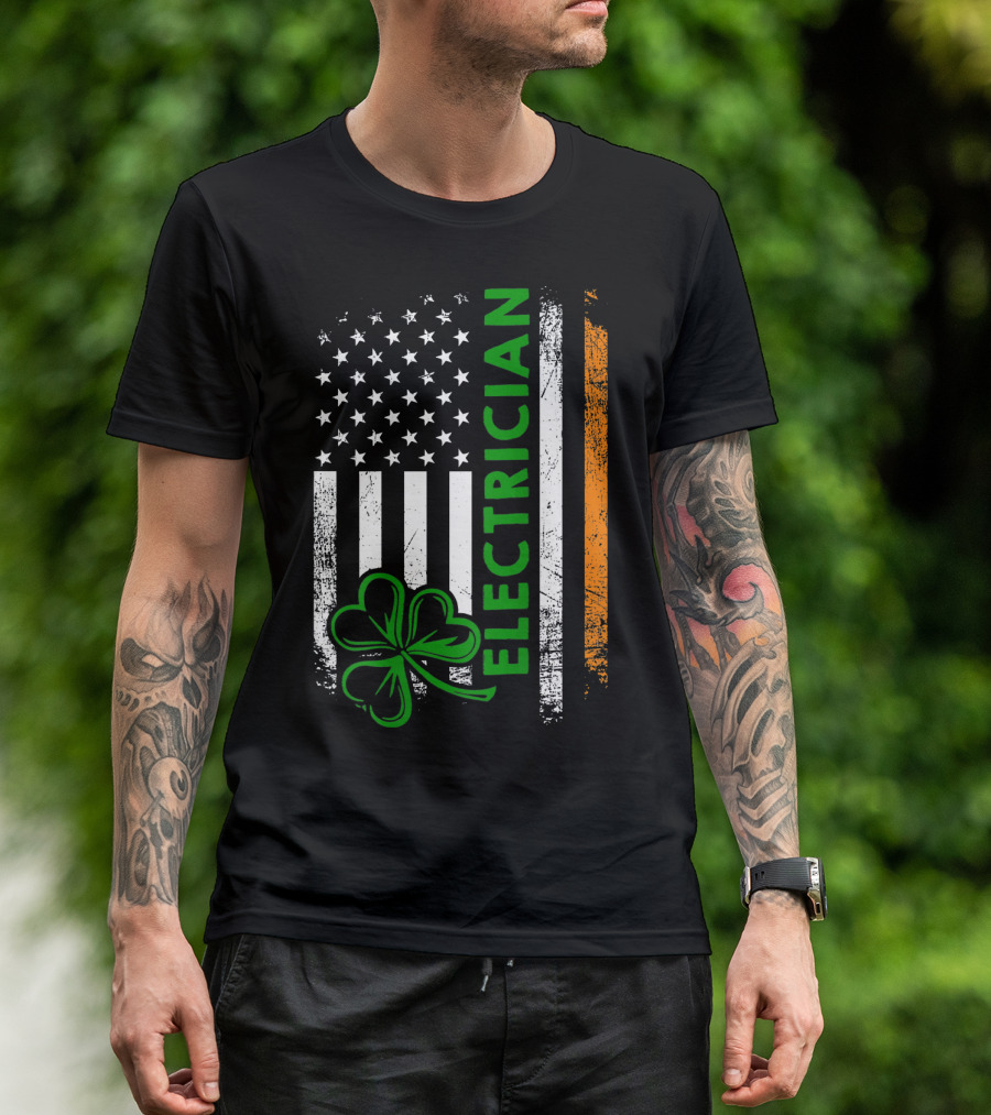 Irish Electrician American Flag Shamrock Electrician T-Shirt