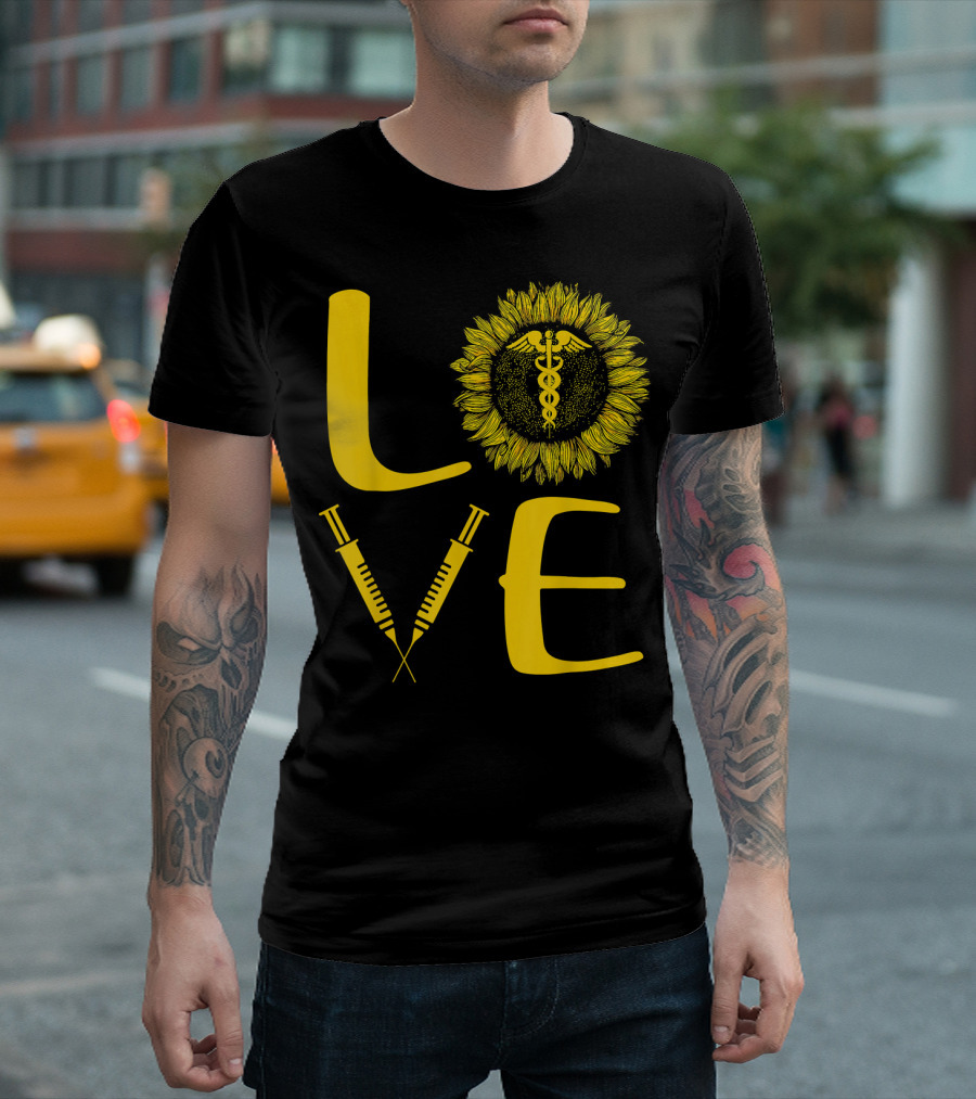 LOVE Nursing Nurse Caduceus Sunflower Syringe T-Shirt