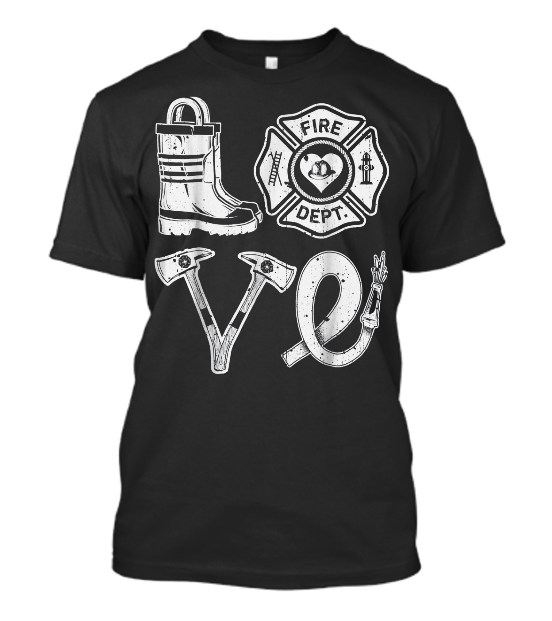 Love Fire Dept Firefighter Boot Axe Hose Badge T-Shirt