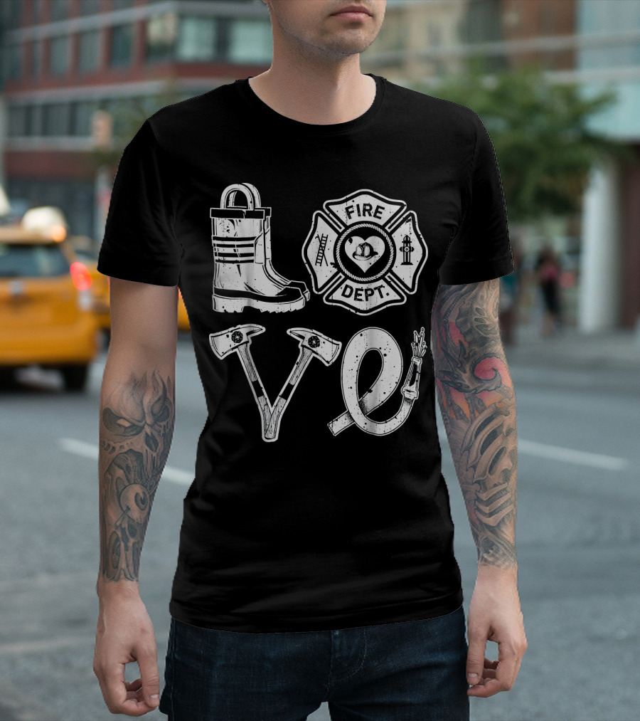 Love Fire Dept Firefighter Boot Axe Hose Badge T-Shirt