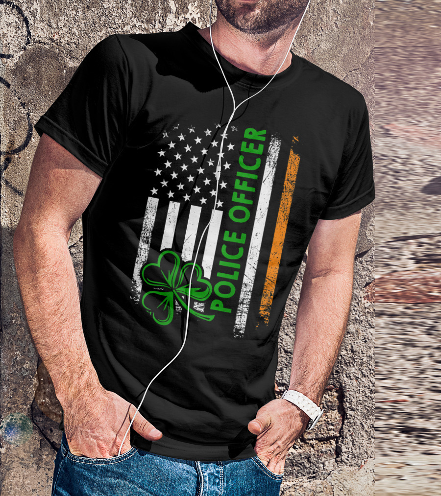 Irish Police Officer Shamrock American Flag Vertical Stars Stripes T-Shirt
