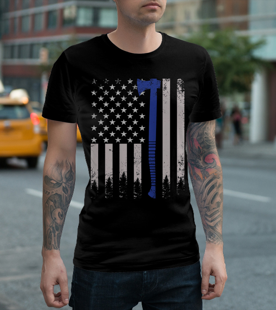 US Flag Axe Lumberjack Logger Woodworker 4th July T-Shirt
