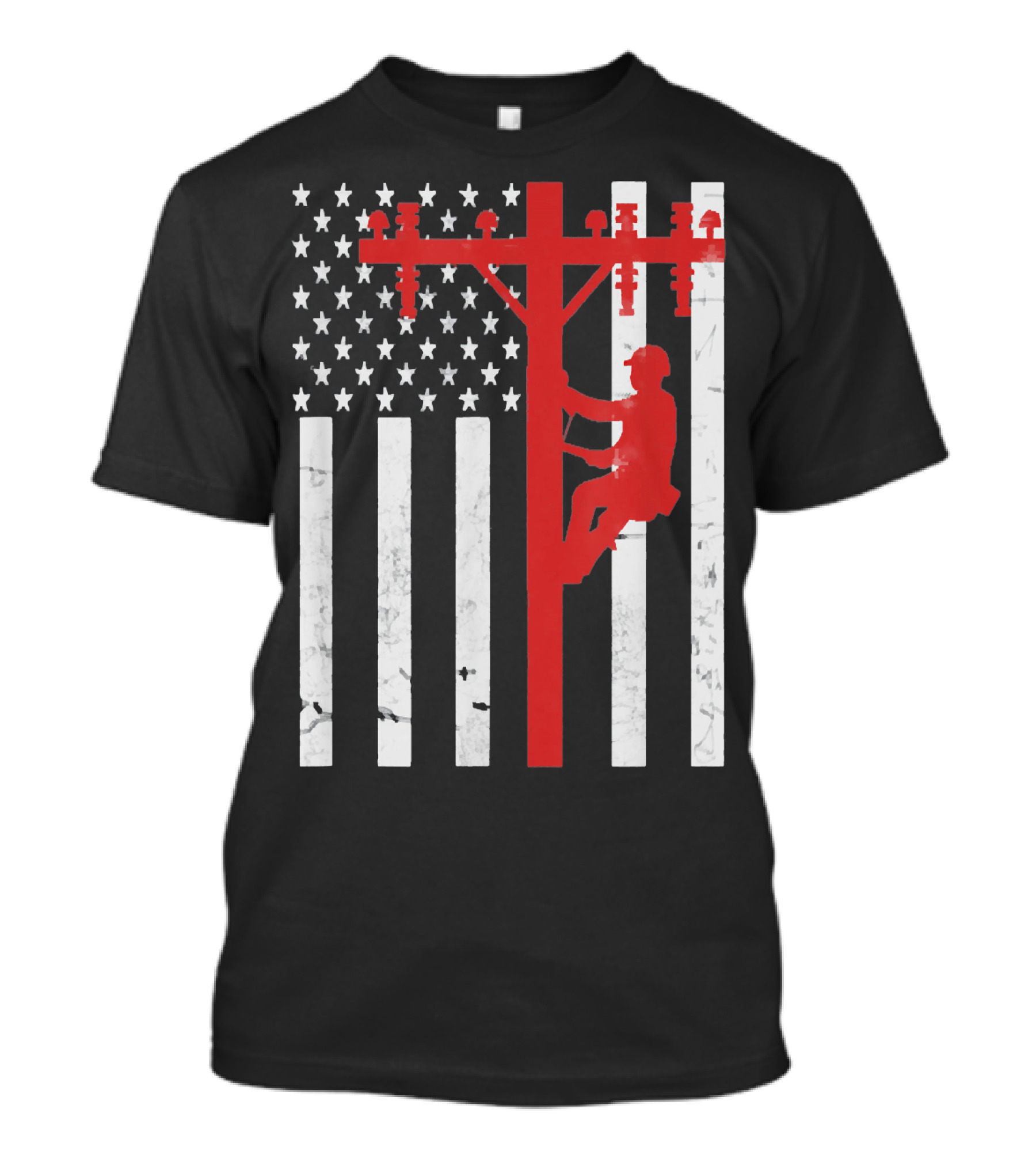 American Flag Lineman Climbing Utility Pole T-Shirt