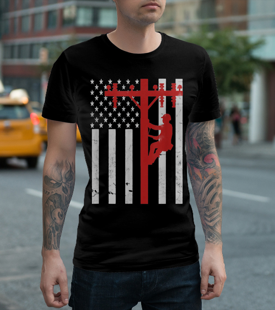 American Flag Lineman Climbing Utility Pole T-Shirt